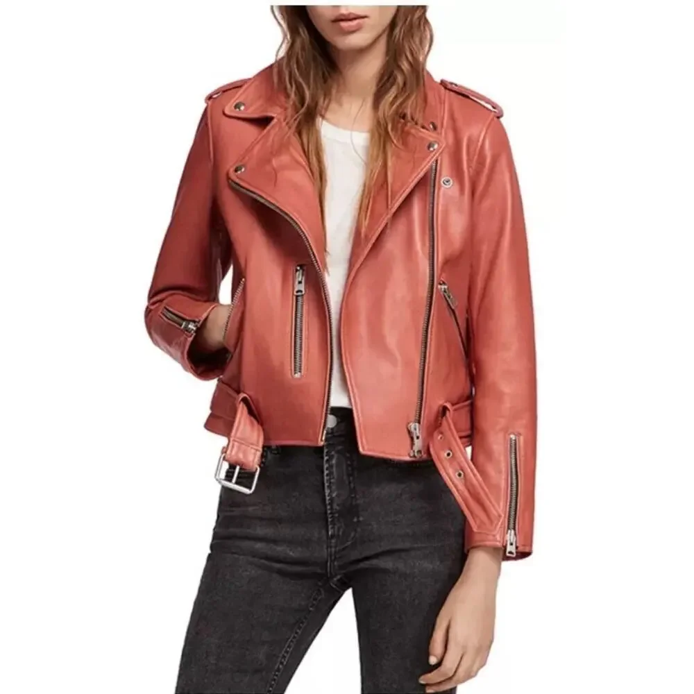 ALLSAINTS Balfern Leather Biker Jacket in Rose Wood Pink - Picture 5 of 13